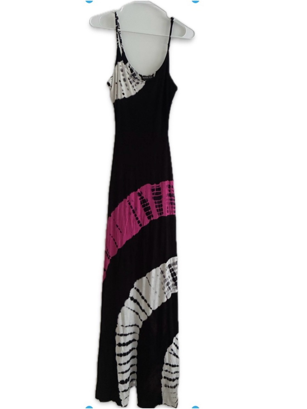 Women's Black Maxi Dress with Tie-Dye Accents and side holes fits 38DD, 40” bust